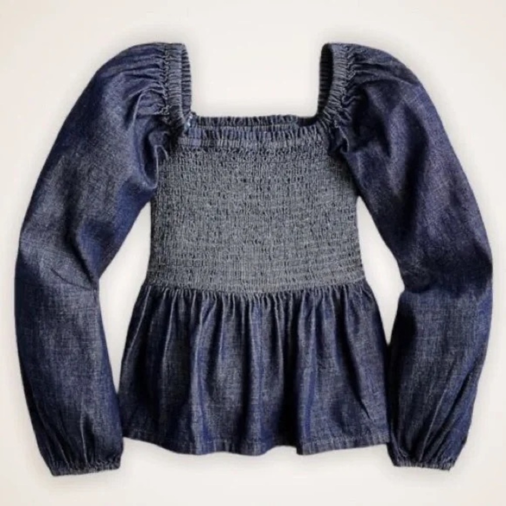 J. Crew Dark Blue Chambray Smocked Puff Sleeve Top Peasant Milkmaid - Picture 2 of 12